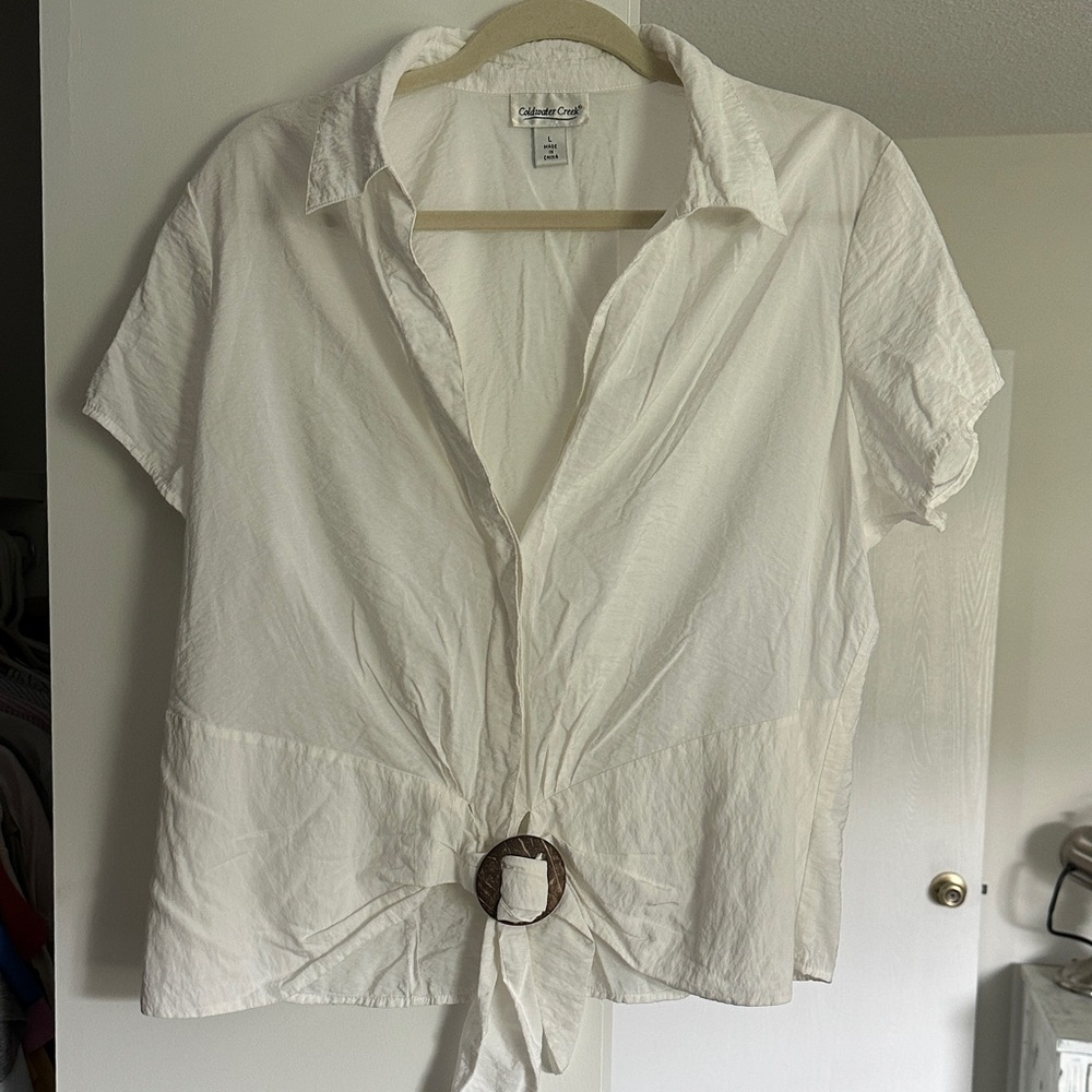 Coldwater Creek White Button Down Shirt with Tie Detail